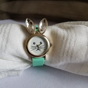 Claire's Rabbit Head Watch With Big Rhinestone Ears And Mint Green Band EUC